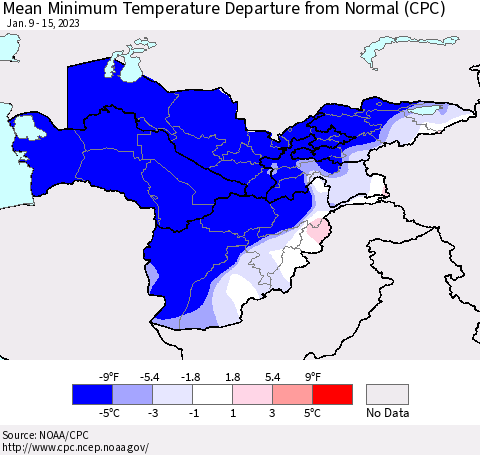 Central Asia Mean Minimum Temperature Departure from Normal (CPC) Thematic Map For 1/9/2023 - 1/15/2023