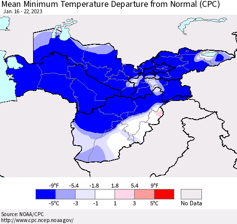 Central Asia Mean Minimum Temperature Departure from Normal (CPC) Thematic Map For 1/16/2023 - 1/22/2023