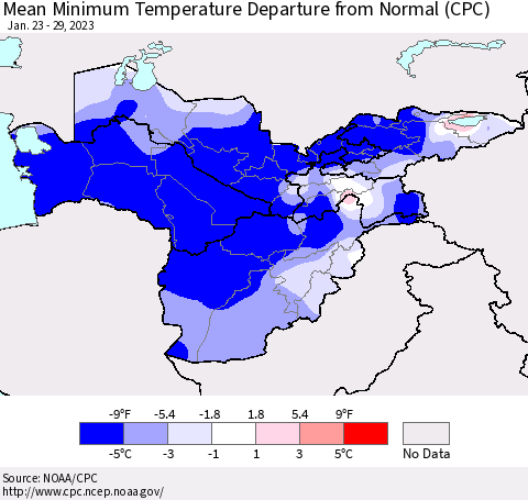 Central Asia Mean Minimum Temperature Departure from Normal (CPC) Thematic Map For 1/23/2023 - 1/29/2023