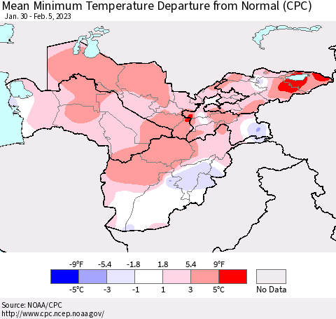Central Asia Mean Minimum Temperature Departure from Normal (CPC) Thematic Map For 1/30/2023 - 2/5/2023
