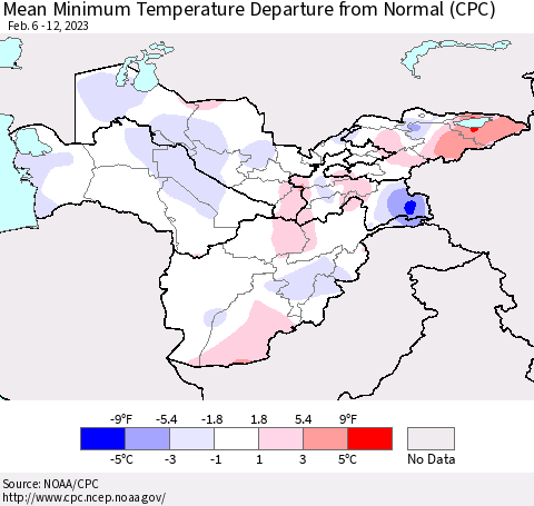 Central Asia Mean Minimum Temperature Departure from Normal (CPC) Thematic Map For 2/6/2023 - 2/12/2023