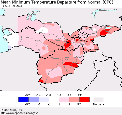 Central Asia Mean Minimum Temperature Departure from Normal (CPC) Thematic Map For 2/13/2023 - 2/19/2023