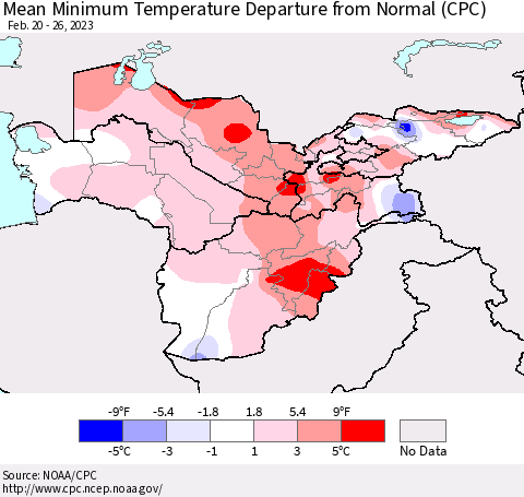 Central Asia Mean Minimum Temperature Departure from Normal (CPC) Thematic Map For 2/20/2023 - 2/26/2023