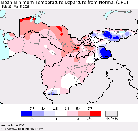 Central Asia Mean Minimum Temperature Departure from Normal (CPC) Thematic Map For 2/27/2023 - 3/5/2023