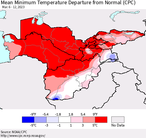 Central Asia Mean Minimum Temperature Departure from Normal (CPC) Thematic Map For 3/6/2023 - 3/12/2023