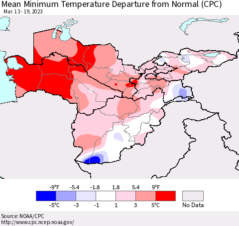 Central Asia Mean Minimum Temperature Departure from Normal (CPC) Thematic Map For 3/13/2023 - 3/19/2023
