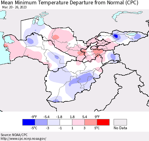 Central Asia Mean Minimum Temperature Departure from Normal (CPC) Thematic Map For 3/20/2023 - 3/26/2023