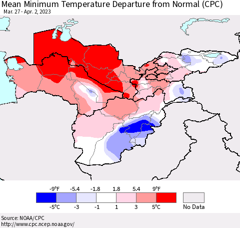 Central Asia Mean Minimum Temperature Departure from Normal (CPC) Thematic Map For 3/27/2023 - 4/2/2023