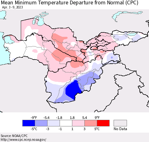 Central Asia Mean Minimum Temperature Departure from Normal (CPC) Thematic Map For 4/3/2023 - 4/9/2023