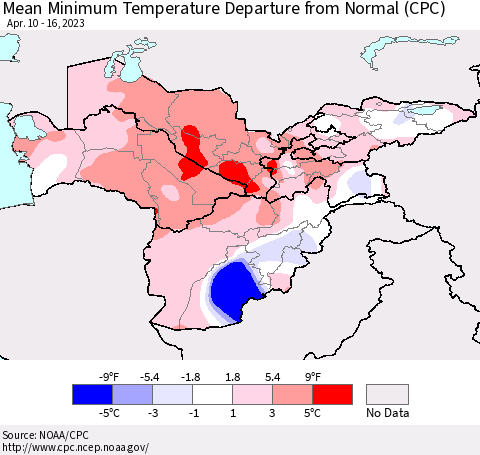 Central Asia Mean Minimum Temperature Departure from Normal (CPC) Thematic Map For 4/10/2023 - 4/16/2023