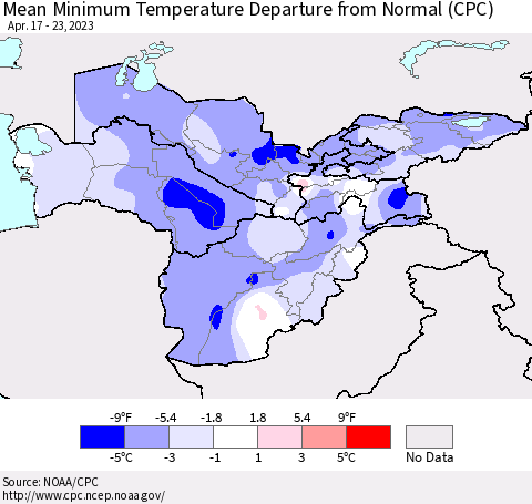 Central Asia Mean Minimum Temperature Departure from Normal (CPC) Thematic Map For 4/17/2023 - 4/23/2023
