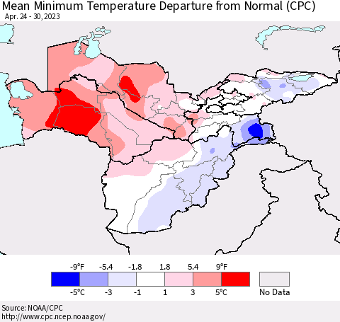Central Asia Mean Minimum Temperature Departure from Normal (CPC) Thematic Map For 4/24/2023 - 4/30/2023