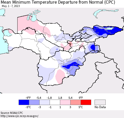 Central Asia Mean Minimum Temperature Departure from Normal (CPC) Thematic Map For 5/1/2023 - 5/7/2023