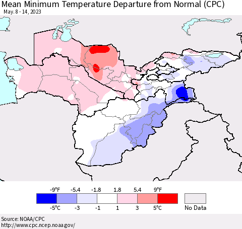Central Asia Mean Minimum Temperature Departure from Normal (CPC) Thematic Map For 5/8/2023 - 5/14/2023