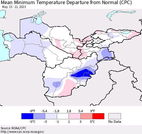 Central Asia Mean Minimum Temperature Departure from Normal (CPC) Thematic Map For 5/15/2023 - 5/21/2023