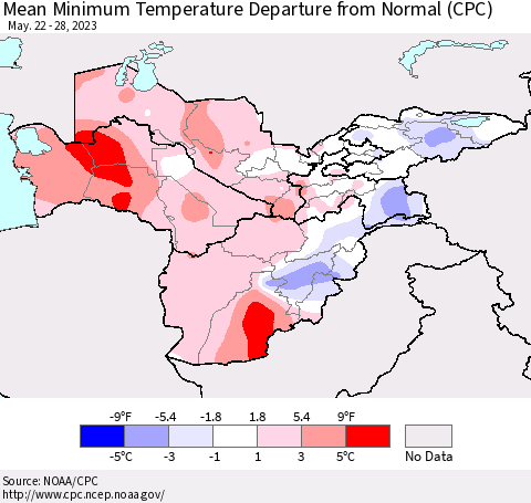 Central Asia Mean Minimum Temperature Departure from Normal (CPC) Thematic Map For 5/22/2023 - 5/28/2023