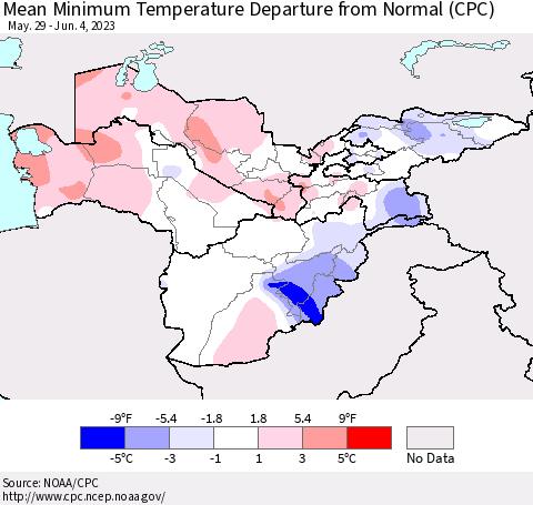 Central Asia Mean Minimum Temperature Departure from Normal (CPC) Thematic Map For 5/29/2023 - 6/4/2023