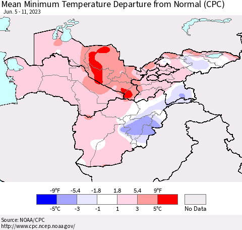 Central Asia Mean Minimum Temperature Departure from Normal (CPC) Thematic Map For 6/5/2023 - 6/11/2023