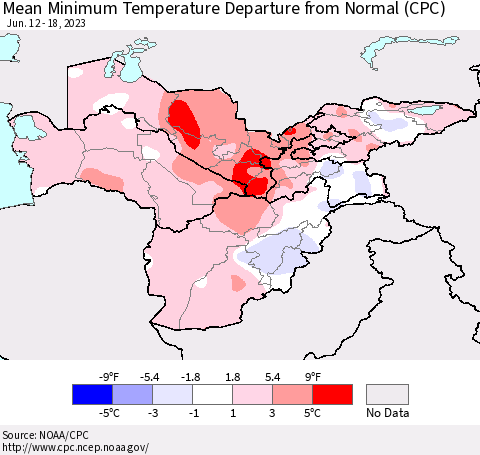 Central Asia Mean Minimum Temperature Departure from Normal (CPC) Thematic Map For 6/12/2023 - 6/18/2023