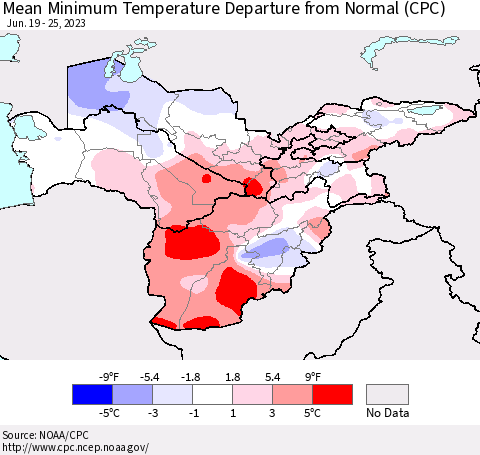 Central Asia Mean Minimum Temperature Departure from Normal (CPC) Thematic Map For 6/19/2023 - 6/25/2023