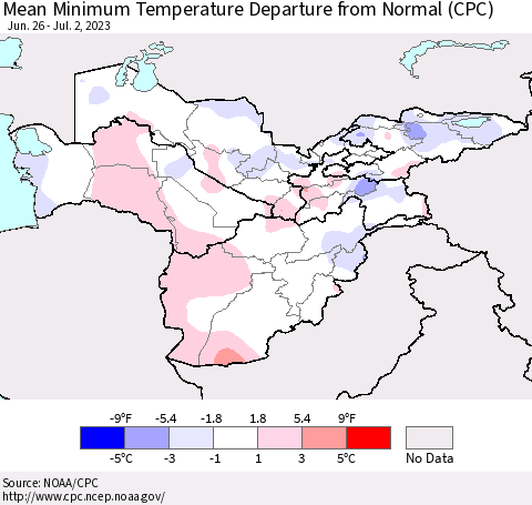 Central Asia Mean Minimum Temperature Departure from Normal (CPC) Thematic Map For 6/26/2023 - 7/2/2023