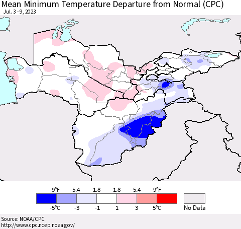 Central Asia Mean Minimum Temperature Departure from Normal (CPC) Thematic Map For 7/3/2023 - 7/9/2023