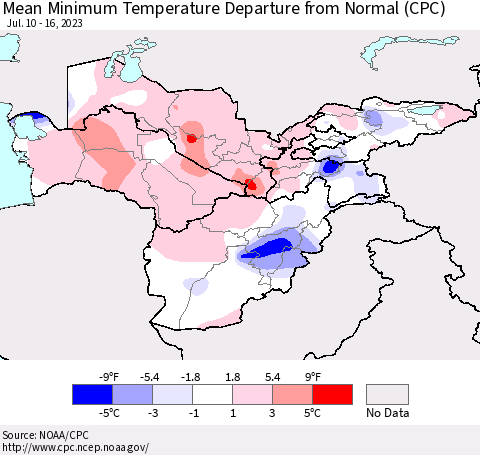 Central Asia Mean Minimum Temperature Departure from Normal (CPC) Thematic Map For 7/10/2023 - 7/16/2023