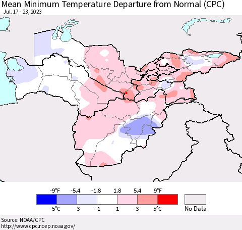 Central Asia Mean Minimum Temperature Departure from Normal (CPC) Thematic Map For 7/17/2023 - 7/23/2023