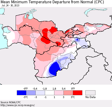 Central Asia Mean Minimum Temperature Departure from Normal (CPC) Thematic Map For 7/24/2023 - 7/30/2023