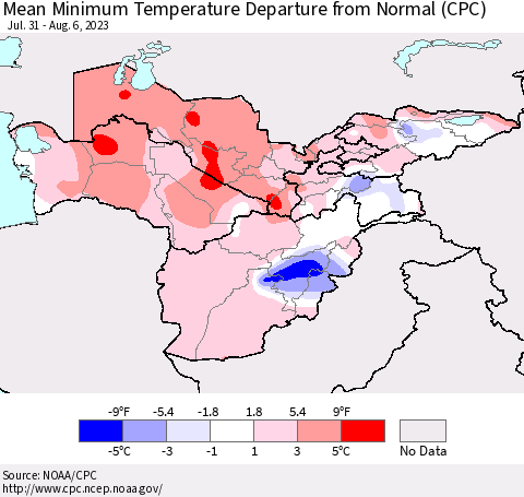 Central Asia Mean Minimum Temperature Departure from Normal (CPC) Thematic Map For 7/31/2023 - 8/6/2023