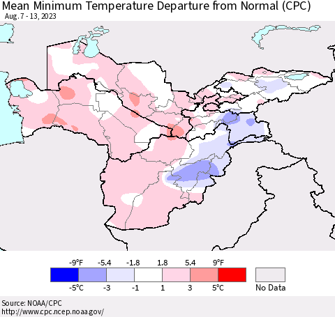 Central Asia Mean Minimum Temperature Departure from Normal (CPC) Thematic Map For 8/7/2023 - 8/13/2023
