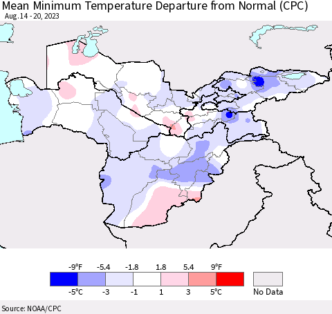 Central Asia Mean Minimum Temperature Departure from Normal (CPC) Thematic Map For 8/14/2023 - 8/20/2023