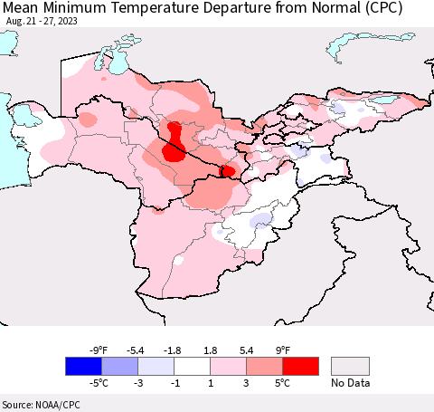 Central Asia Mean Minimum Temperature Departure from Normal (CPC) Thematic Map For 8/21/2023 - 8/27/2023