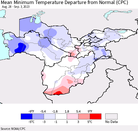 Central Asia Mean Minimum Temperature Departure from Normal (CPC) Thematic Map For 8/28/2023 - 9/3/2023