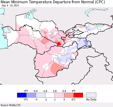 Central Asia Mean Minimum Temperature Departure from Normal (CPC) Thematic Map For 9/4/2023 - 9/10/2023