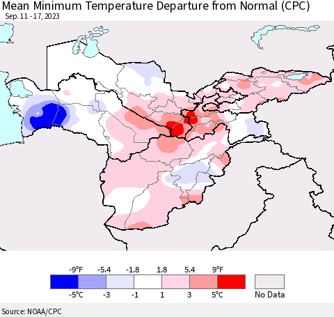 Central Asia Mean Minimum Temperature Departure from Normal (CPC) Thematic Map For 9/11/2023 - 9/17/2023