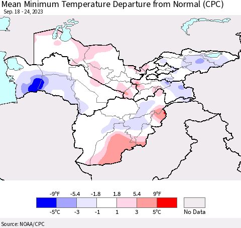 Central Asia Mean Minimum Temperature Departure from Normal (CPC) Thematic Map For 9/18/2023 - 9/24/2023
