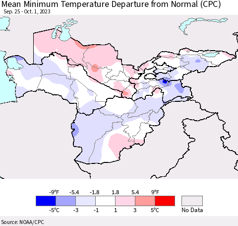 Central Asia Mean Minimum Temperature Departure from Normal (CPC) Thematic Map For 9/25/2023 - 10/1/2023