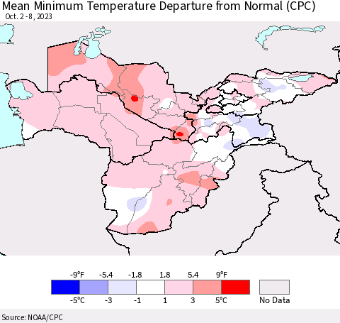 Central Asia Mean Minimum Temperature Departure from Normal (CPC) Thematic Map For 10/2/2023 - 10/8/2023