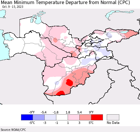 Central Asia Mean Minimum Temperature Departure from Normal (CPC) Thematic Map For 10/9/2023 - 10/15/2023