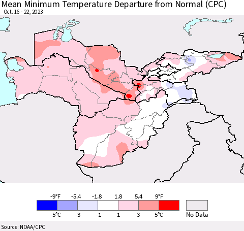 Central Asia Mean Minimum Temperature Departure from Normal (CPC) Thematic Map For 10/16/2023 - 10/22/2023
