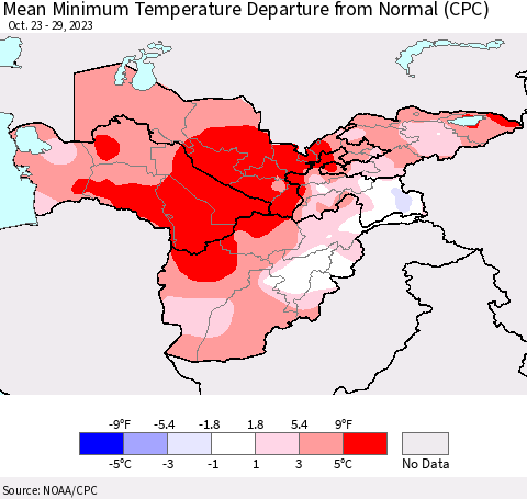 Central Asia Mean Minimum Temperature Departure from Normal (CPC) Thematic Map For 10/23/2023 - 10/29/2023