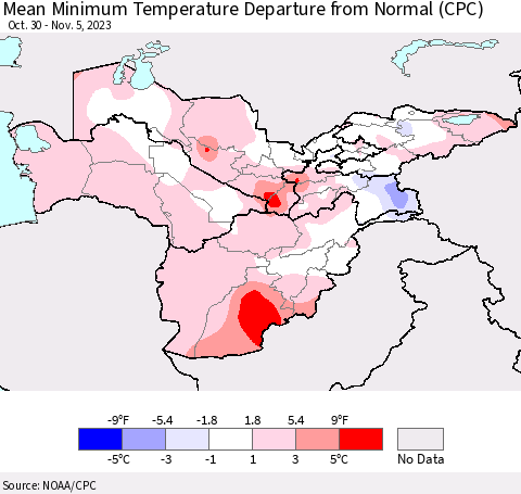 Central Asia Mean Minimum Temperature Departure from Normal (CPC) Thematic Map For 10/30/2023 - 11/5/2023