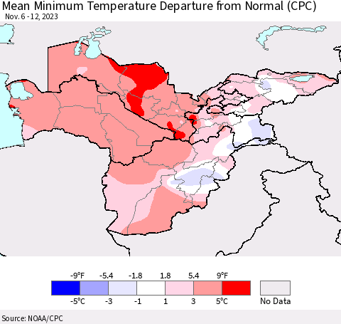 Central Asia Mean Minimum Temperature Departure from Normal (CPC) Thematic Map For 11/6/2023 - 11/12/2023