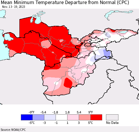 Central Asia Mean Minimum Temperature Departure from Normal (CPC) Thematic Map For 11/13/2023 - 11/19/2023
