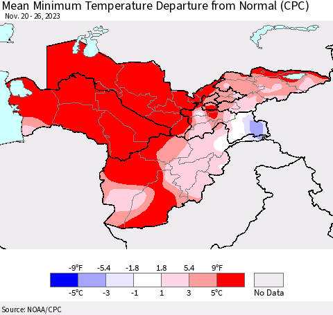 Central Asia Mean Minimum Temperature Departure from Normal (CPC) Thematic Map For 11/20/2023 - 11/26/2023