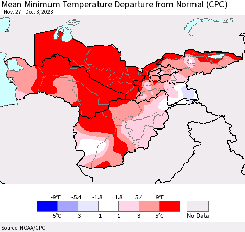 Central Asia Mean Minimum Temperature Departure from Normal (CPC) Thematic Map For 11/27/2023 - 12/3/2023