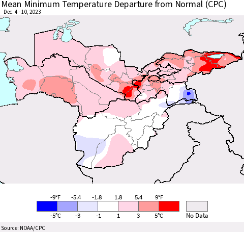 Central Asia Mean Minimum Temperature Departure from Normal (CPC) Thematic Map For 12/4/2023 - 12/10/2023