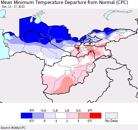 Central Asia Mean Minimum Temperature Departure from Normal (CPC) Thematic Map For 12/11/2023 - 12/17/2023