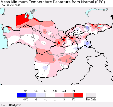 Central Asia Mean Minimum Temperature Departure from Normal (CPC) Thematic Map For 12/18/2023 - 12/24/2023
